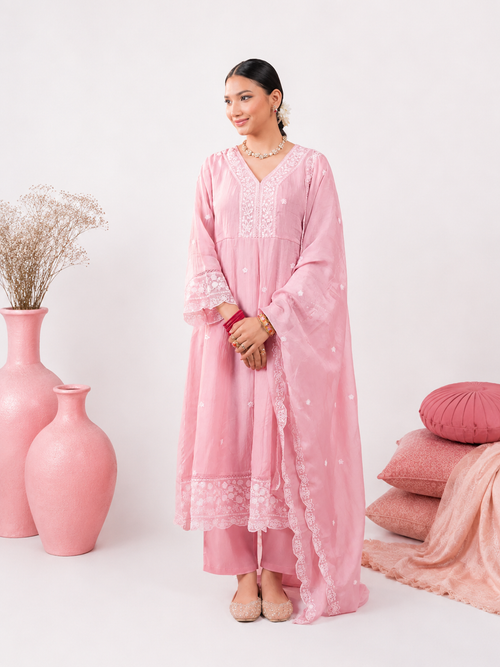 Baby Pink Embroidered Organza Anarkali Kurta Pant Set With Embroidered Organza Dupatta